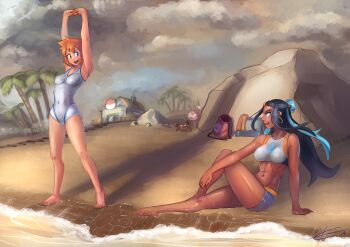 2girls absurdres barefoot beach black_hair blue_eyes blue_hair breasts cloud cloudy_sky dark-skinned_female dark_skin earrings eltonel eye_contact feet full_body gen_1_pokemon highres house jewelry large_breasts legs long_hair looking_at_another medium_breasts misty_(pokemon) multicolored_hair multiple_girls navel nessa_(pokemon) nintendo nipples one-piece_swimsuit orange_hair outdoors palm_tree pokemon pokemon_(creature) pokemon_hgss pokemon_swsh short_hair sky slowpoke smile stretching swimsuit tree water yoga