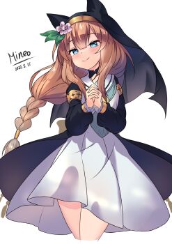 1girl absurdres animal_ears black_coat black_veil blue_archive blue_eyes blue_neckerchief blush braid chinese_commentary closed_mouth coat commentary_request damarinasai_(mineo) dress flower hair_flower hair_ornament highres long_hair mari_(blue_archive) mixed-language_commentary neckerchief nun open_clothes open_coat orange_hair own_hands_clasped own_hands_together sailor_collar sidelocks single_braid smile solo veil white_dress white_flower white_sailor_collar