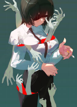 1girl absurdres black_hair black_pants breasts button_gap chainsaw_man cigarette collared_shirt eyepatch ghost_devil_(chainsaw_man) green_background highres himeno_(chainsaw_man) holding holding_cigarette large_breasts long_sleeves medium_hair pants raneblu shirt simple_background white_shirt