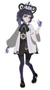 Rule 34 | 1girl, bad id, bad twitter id, belt, belt buckle, bintoro 06, black dress, black pantyhose, black shoes, blue gloves, bob cut, buckle, coat, commentary request, dress, full body, gloves, gradient pantyhose, gwynn (pokemon), hat, highres, long sleeves, looking at viewer, mega stone, nintendo, o-ring, o-ring belt, open clothes, open coat, open mouth, pantyhose, partially fingerless gloves, pokemon, pokemon legends: z-a, purple eyes, purple hair, purple pantyhose, shoes, short hair, solo, twitter username, white background, white coat, wide sleeves