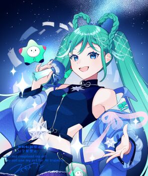 1girl aqua_hair aqua_nails blue_eyes blue_jacket blue_skirt braid braided_hair_rings breasts crop_top hair_ornament hair_rings hatsune_miku highres holding holding_microphone jacket long_hair long_sleeves looking_at_viewer magical_mirai_(vocaloid) magical_mirai_miku magical_mirai_miku_(2025) masumofu medium_breasts microphone navel open_clothes open_jacket open_mouth shirt skirt sleeveless sleeveless_shirt smile solo star_(symbol) star_hair_ornament stomach tanabata twintails very_long_hair vocaloid
