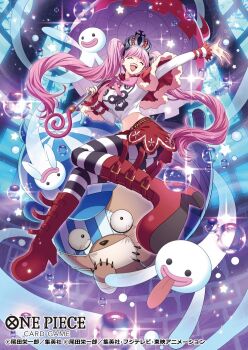 1girl ^_^ blunt_bangs boots bubble capelet closed_eyes commentary_request copyright_name crop_top crown full_body ghost hat holding holding_umbrella koushi_rokushiro kumacy mask mouth_mask official_art one_piece one_piece_card_game open_mouth pantyhose perona pink_hair red_boots red_capelet red_skirt skirt smile solo sparkle striped_clothes striped_pantyhose twintails umbrella