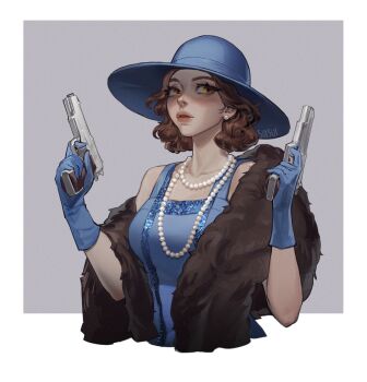1girl arkham_horror arms_up artist_name bare_arms bare_shoulders beads blue_dress blue_gloves blush breasts coat collarbone commentary commission cthulhu_mythos dress earrings english_commentary facing_to_the_side finger_on_trigger fur_coat gloves gun handgun hat highres holding holding_gun holding_weapon jenny_barnes jewelry lipstick looking_to_the_side makeup necklace parted_lips pearl_earrings pearl_necklace short_hair signature simple_background solo solo_focus suisui_again sun_hat upper_body weapon