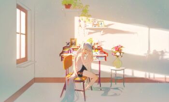 Rule 34 | 1girl, absurdly long hair, alarm clock, bare arms, bare legs, barefoot, bell, black shorts, blue eyes, blue hair, book, book stack, box, cake, cake slice, casual, chair, charm (object), clock, coffee mug, corner, covering one eye, cup, desk, eraser, evening, feet on chair, flower, flower pot, food, hair between eyes, hair flowing over, hair over shoulder, hand on own leg, hand up, happy, hatsune miku, highres, hugging own leg, indoors, jingle bell, knee blush, knee up, leaf, light particles, long hair, looking at viewer, mechanical pencil, mug, nightstand, notebook, on chair, open mouth, pencil, pencil case, photo (object), picture frame, pink flower, pink rose, plant, plate, potted plant, red flower, red rose, rose, shadow, shelf, shorts, sidelighting, sidelocks, sitting, slouching, smile, solo, sprout, strap slip, sunlight, tank top, teeth, tonari no totoro, totoro, toy horse, twintails, upper teeth only, very long hair, vocaloid, warm colored, white flower, white rose, white tank top, wide shot, window, windowsill, yaclittn