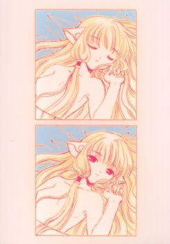 00s 1girl breasts chii chobits clamp clamp_(circle) closed_eyes convenient_censoring hair_censor highres long_hair looking_at_viewer multiple_views no_nipples nude official_art parted_lips postcard_(medium) sleeping very_long_hair