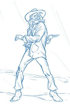 Rule 34 | 1boy, absurdres, alternate costume, arm behind back, belt, cowboy, cowboy hat, disco elysium, facial hair, full body, greyscale, gun, hair slicked back, handgun, harry du bois, hat, highres, holding, holding gun, holding weapon, jacket, male focus, monochrome, mullet, mutton chops, solo, spread legs, standing, thatuglymeme, weapon, western