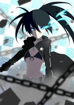 1girl absurdres amakuchi_raisu belt bikini bikini_top_only black_coat black_rock_shooter black_rock_shooter_(character) chain coat commentary_request flaming_eye front-tie_bikini_top front-tie_top glowing glowing_eye highres open_clothes open_coat pale_skin scar star_(symbol) swimsuit twintails uneven_twintails zipper_pull_tab