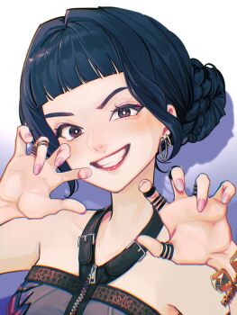 Rule 34 | 1girl, braid, braided ponytail, earrings, finger to mouth, highres, hina (xoxo), jacket, jewelry, kpop demon hunters, long hair, looking at viewer, purple eyes, purple hair, ring, shushing, smile, solo, zoey (kpop demon hunters)