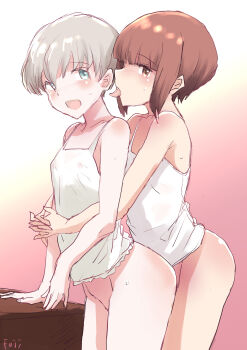 2girls blue_eyes blunt_bangs brown_eyes brown_hair camisole commentary_request flat_chest fuji_(pixiv24804665) gradient_background grey_hair highres hug hug_from_behind kantai_collection multiple_girls no_panties pink_background short_hair standing table tongue tongue_out white_camisole z1_leberecht_maass_(kancolle) z3_max_schultz_(kancolle)