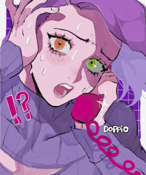 !? 1boy asymmetrical_hair character_name clothing_cutout corded_phone eyelashes floating_hair freckles green_eyes grid_background hand_on_own_face heterochromia highres holding holding_phone jojo_no_kimyou_na_bouken looking_at_viewer male_focus matubaru_chan nervous_sweating open_mouth orange_eyes phone pink_hair portrait purple_background purple_sweater purple_theme ribbed_sweater scared solo sweat sweatdrop sweater turtleneck turtleneck_sweater vento_aureo vinegar_doppio