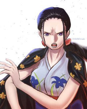 1girl absurdres black_hair commentary_request eyelashes floral_print floral_print_kimono hair_slicked_back haori_on_shoulders highres japanese_clothes kimono light_particles looking_at_viewer nico_robin one_piece onepiece_banbi open_mouth print_kimono purple_eyes sidelocks sleeveless sleeveless_kimono solo twitter_username upper_body