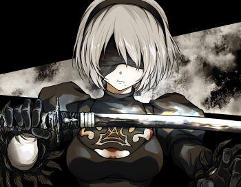 1girl 2b_(nier:automata) absurdres black_background black_dress black_gloves black_hairband blindfold breasts cleavage closed_mouth clothing_cutout covered_eyes dress feather-trimmed_sleeves feather_trim gloves hairband highres holding holding_sword holding_weapon juliet_sleeves katana long_sleeves medium_breasts mole mole_under_mouth nier:automata nier_(series) puffy_sleeves shimoda_masaya short_hair simple_background solo sword virtuous_contract weapon white_hair