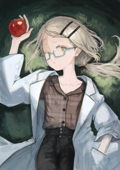 1girl absurdres apple arm_up black_pants blonde_hair blue-framed_eyewear brown_shirt coat collarbone collared_shirt colored_eyelashes commentary_request cowboy_shot earrings flat_chest food fruit gakuen_idolmaster grass hair_ornament hair_tie hairclip hand_in_pocket highres holding holding_food holding_fruit idolmaster jewelry k6tetsu lab_coat long_sleeves looking_at_viewer looking_to_the_side low_ponytail lying on_back on_grass on_ground one_eye_closed open_clothes open_coat orange_eyes pants parallel_hairclips parted_bangs parted_lips plaid_clothes plaid_shirt ponytail semi-rimless_eyewear shinosawa_hiro shirt skinny solo stud_earrings under-rim_eyewear white_coat