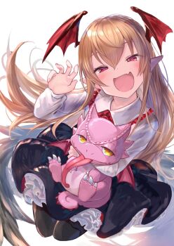 1girl :d bat_wings black_pantyhose black_skirt blonde_hair blush dragon fang flower frilled_skirt frills granblue_fantasy head_wings highres long_hair long_sleeves looking_at_viewer malinda_(shingeki_no_bahamut) open_mouth p_answer pantyhose pointy_ears red_eyes shingeki_no_bahamut shirt simple_background skirt smile vampire vampy white_background white_shirt wings