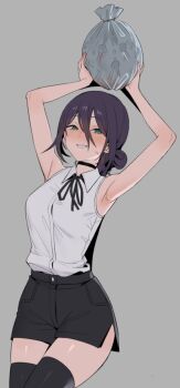 1girl armpits arms_up bag black_choker black_hair black_ribbon black_skirt black_thighhighs breasts bygin chainsaw_man choker collared_shirt green_eyes grey_background hair_between_eyes hair_bun holding holding_bag looking_at_viewer neck_ribbon pencil_skirt reze_(chainsaw_man) ribbon shirt simple_background skirt sleeveless sleeveless_shirt smile solo standing thighhighs thighs trash_bag white_shirt