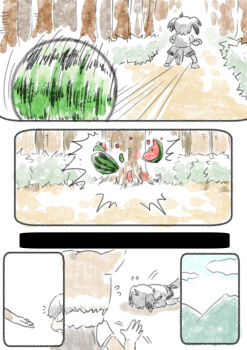 10s 2girls animal_ears apologizing brown_hair bush comic crash day dogeza food fox_ears fruit grey_hair head_wings highres kemono_friends multiple_girls murakami_kou_(raye) outdoors rolling shoebill_(kemono_friends) silent_comic tibetan_fox_(kemono_friends) tree watermelon wings