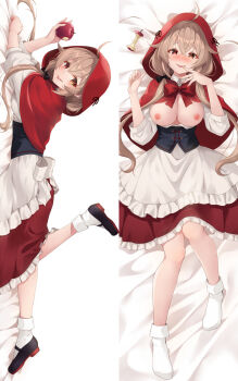 1girl apron breasts breasts_out brown_eyes brown_hair capelet cosplay dakimakura_(medium) dress heterochromia highres kantai_collection kochipu large_breasts little_red_riding_hood_(fairy_tale) little_red_riding_hood_(fairy_tale_character) little_red_riding_hood_(fairy_tale_character)_(cosplay) long_hair low_twintails lying murasame_(halloween)_(kancolle) murasame_(kancolle) murasame_kai_ni_(kancolle) nipples official_alternate_costume on_back on_stomach red_capelet red_dress red_eyes red_hood shirt twintails very_long_hair white_apron white_shirt