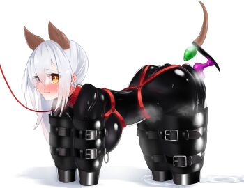 Rule 34 | 1girl, absurdres, anal beads, anal tail, animal ears, bdsm, bitchsuit, black bodysuit, blush, bodysuit, bondage, bondage mittens, bound, bound arms, bound legs, breasts, butt plug, collar, dog ears, dog tail, fake animal ears, fake tail, hair between eyes, harness, highres, human dog, large breasts, latex, latex bodysuit, leash, long hair, looking at viewer, maguro27, nipple piercing, nipple rings, orange eyes, original, pet play, piercing, pussy juice, pussy juice puddle, red collar, sex toy, sidelocks, simple background, skin tight, slave, sweat, tail, white background, white hair