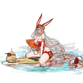 Rule 34 | 1girl, absurdres, animal ears, azur lane, between legs, breasts, cleavage, collarbone, dishwasher1910, hand between legs, hat, highres, large breasts, legs, lifeguard, long hair, looking at viewer, manjuu (azur lane), one-piece swimsuit, open mouth, pouch, prinz heinrich (azur lane), prinz heinrich (rabbit on watch) (azur lane), rabbit ears, red eyes, red headwear, red one-piece swimsuit, shaded face, sitting, sketch background, smile, spread legs, surfboard, swimsuit, thigh pouch, thigh strap, thighs, unfinished, very long hair, water, white background, white hair