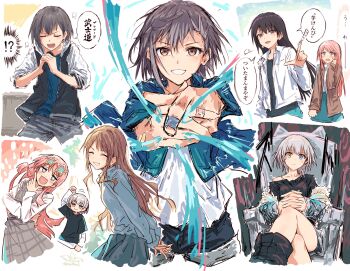 !? 5girls :3 aqua_skirt bandaged_hand bandages bang_dream! bang_dream!_it's_mygo!!!!! black_hair black_shirt blue_eyes blue_jacket blue_shorts blush brown_coat brown_eyes brown_hair chihaya_anon closed_mouth coat collared_jacket commentary_request crossed_legs dress furigana grey_dress grey_eyes grey_hair grin heterochromia highres holding holding_microphone interlocked_fingers jacket kaname_raana layered_sleeves long_hair long_sleeves looking_at_viewer microphone mole mole_under_eye multiple_girls multiple_views mygo!!!!!_(bang_dream!) nagasaki_soyo open_clothes open_coat open_jacket pinafore_dress pink_hair plaid_clothes plaid_dress purple_eyes shiina_taki shirt short_hair short_over_long_sleeves short_sleeves shorts single_off_shoulder sitting sitting_on_throne skirt sleeveless sleeveless_dress smile speech_bubble spoken_interrobang star-shaped_eyewear star_(symbol) sunglasses takamatsu_tomori throne translation_request two-handed white_jacket white_shirt yellow-framed_eyewear yellow_eyes yukitake_(bullfalk)