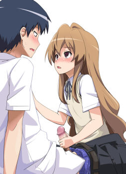 Rule 34 | 00s, 1boy, 1girl, aisaka taiga, black eyes, blue hair, blush, boxers, brown eyes, brown hair, censored, eye contact, flat chest, handjob, hetero, long hair, looking at another, male underwear, penis, petite, pubic hair, school uniform, sweater, takasu ryuuji, toradora!, underwear, youkan