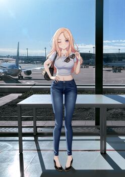 1girl absurdres bag black-framed_eyewear blonde_hair blue_pants blush breasts closed_mouth denim elbow_carry forehead gakuen_idolmaster handbag high_heels highres holding holding_removed_eyewear idolmaster jeans jewelry juo_sena long_hair looking_at_viewer midriff multicolored_hair navel one_eye_closed pants photo_background pink_hair pink_streaks purple_eyes ring shirt short_sleeves smile solo standing streaked_hair sulgi_park sunglasses tinted_eyewear two-tone_hair unworn_eyewear