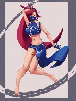 Rule 34 | absurdres, anger vein, barefoot, commission, cum, cum on body, cum on clothes, cum on legs, gloves, harrison1500, highres, zaki (justice gakuen), justice gakuen, mask, mouth mask, navel, ponytail, swimsuit, thigh sex