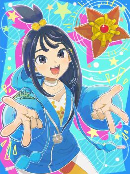 1girl black_hair blue_hoodie blush breasts choker collarbone cube_hair_ornament earclip gen_1_pokemon grey_eyes hair_ornament highres hood hood_down hoodie jacket leggings lida_(pokemon) long_hair long_sleeves looking_at_viewer nintendo open_mouth orange_leggings pokemon pokemon_(creature) pokemon_legends:_z-a runachikku shirt smile star_(symbol) staryu teeth topknot two-tone_legwear white_choker white_leggings white_shirt wispy_bangs