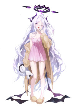 1girl ahoge black_halo blue_archive breasts demon_girl demon_horns demon_wings doodle_sensei_(blue_archive) full_body halo hashtag-only_commentary highres hina_(blue_archive) hina_(pajamas)_(blue_archive) horns long_hair looking_at_viewer low_wings mame_(hyeon5117) purple_eyes sensei_(blue_archive) simple_background small_breasts solo standing very_long_hair white_hair wings