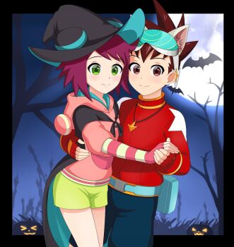 1boy 1girl animal_ears bat_(animal) black_border black_hat blue_shorts border brown_eyes brown_hair cowboy_shot fake_animal_ears full_moon geo_stelar_(mega_man) goggles goggles_on_head green_eyes green_shorts halloween hat highres hood hood_down hoodie jewelry jwc_vevo mega_man_(series) mega_man_star_force_(series) moon night pendant pink_hoodie red_hair red_shirt shirt short_hair shorts sonia_strumm_(mega_man)