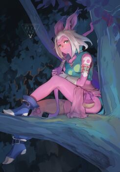 1girl animal_ears bow crop_top dark-skinned_female dark_skin final_fantasy final_fantasy_tactics_advance full_body green_eyes leaf nakade1 shara short_hair short_sleeves signature single_thighhigh sitting sitting_on_log solo thighhighs tree viera white_hair