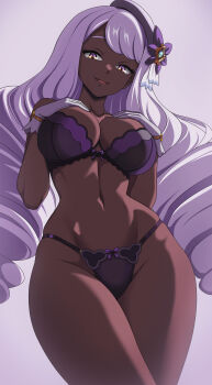 1girl absurdres bare_shoulders bra collarbone curvy dark-skinned_female dark_skin fascinator gloves hat hat_ornament highres jacinthe_(pokemon) long_hair looking_at_viewer low_drills navel nintendo open_mouth panties pokemon pokemon_legends:_z-a purple_bra purple_eyes purple_hair purple_panties simple_background smile solo stomach thighs thong underwear very_dark_skin vivivoovoo white_gloves wide_hips