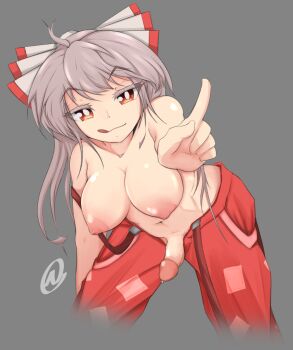 1futa :p @_(symbol) ahoge breasts collarbone cropped_legs fujiwara_no_mokou futanari grey_background grey_hair hair_ribbon highres hip_focus leaning_forward long_hair looking_at_viewer medium_breasts nanostar navel nipples nose open_pants outstretched_arm pants penis pointing pointing_at_viewer precum red_eyes red_pants ribbon simple_background smile solo standing strap tongue tongue_out topless_female touhou uncensored veins veiny_penis