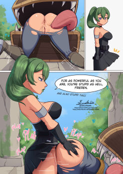 1futa 1girl absurdres anus ass breasts bulge doggystyle doktor_malefic english_text erection erection_under_clothes frieren futa_with_female futanari gloves grabbing_another's_ass green_hair grey_hair groping highres medium_breasts mimic mimic_chest open_mouth ponytail pussy rape restrained sex sex_from_behind sousou_no_frieren speech_bubble stuck tongue tongue_out torn_clothes twintails ubel_(sousou_no_frieren)