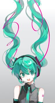 1girl absurdres aqua_eyes aqua_hair aqua_necktie aqua_trim bare_shoulders black_sleeves collared_shirt commentary detached_sleeves double-parted_bangs feiwusheng floating_hair frilled_shirt frills gradient_background grey_background grey_shirt hair_between_eyes hair_floating_upwards hair_ornament hatsune_miku headset highres long_hair miku_day necktie number_tattoo open_mouth pale_skin shirt shoulder_tattoo sidelocks sleeveless sleeveless_shirt smile solo tattoo twintails upper_body vocaloid