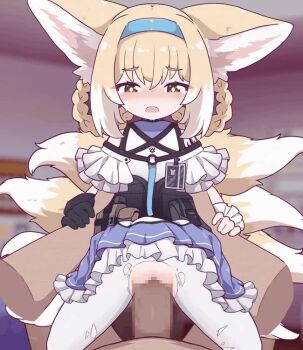 1boy 1girl animal_ears animated arknights blonde_hair blue_hairband blue_skirt blurry blurry_background blush censored cowgirl_position erection flying_sweatdrops fox_ears fox_girl fox_tail frilled_skirt frills green_eyes hair_between_eyes hairband hetero kitsune large_variant_set loli mosaic_censoring multiple_tails open_mouth pantyhose penis pleated_skirt pussy rottenduck sex shirt short_hair short_sleeves skirt straddling suzuran_(arknights) tagme tail torn_clothes torn_pantyhose ugoira vaginal variant_set video white_pantyhose white_shirt