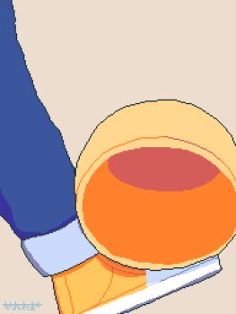 1girl :d animated animated_gif artist_name blue_eyes blue_hair blue_overalls bucket bucket_on_head commentary english_commentary eyes_visible_through_hair grey_background hair_ornament hairclip half_updo highres kawawagi kicking looking_at_viewer object_on_head one_eye_closed open_mouth original overalls pixel_art shirt short_sleeves simple_background smile solo standing standing_on_one_leg tareme v white_shirt