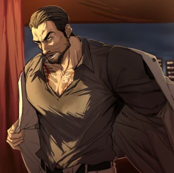 Rule 34 | 1boy, angry, bara, breath, character request, collared shirt, commentary request, cowboy shot, dressing, drooling, eomul geon15848, formal clothes, frown, hair slicked back, highres, indoors, jacket, korean commentary, large pectorals, male focus, mature male, muscular, muscular male, open clothes, open jacket, pectoral cleavage, pectorals, ryuu ga gotoku (series), ryuu ga gotoku 1, saliva, shirt, solo, standing, suit, thick eyebrows, undressing, veiny face, yakuza