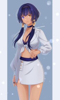 1girl absurdres bare_legs blue_hair breasts candace_(genshin_impact) crop_top dark-skinned_female dark_skin fashion genshin_impact grey_shirt grey_skirt headband heterochromia highres long_sleeves medium_breasts midriff pochimaru_(marumaru_wanwan) purple_eyes purple_underwear shirt skirt stomach underwear yellow_eyes