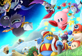 blue_sky cloud coo_(kirby) dark_matter_(kirby) dark_matter_blade darkpot gooey_(kirby) grass grin kine_(kirby) king_dedede kirby kirby&#039;s_dream_land kirby_(series) kracko meta_knight nightmare_(kirby) nintendo rick_(kirby) sky smile star_(sky) star_(symbol) star_rod waddle_dee waddle_doo whispy_woods