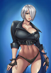 Rule 34 | 1girl, absurdres, angel (kof), backless pants, blue eyes, bra, breasts, chaps, cleavage, crop top, cropped jacket, fingerless gloves, gloves, hair over one eye, highres, jacket, large breasts, leather, leather jacket, looking at viewer, midriff, navel, panties, pants, short hair, snk, solo, strapless, strapless bra, the king of fighters, the king of fighters xiv, toned, tre artz, underwear, white hair