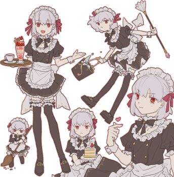 1girl :&lt; apron back_bow black_bow black_bowtie black_dress black_footwear black_thighhighs bow bowtie broom bucket buttons cake cake_slice chibi closed_mouth collar cup double-breasted dress duster fate/grand_order fate_(series) feather_duster food frilled_apron frilled_collar frilled_thighhighs frills fruit hair_ribbon highres holding holding_broom holding_bucket holding_duster holding_plate holding_tray kama_(fate) kama_(first_ascension)_(fate) kama_(mistake)_(second_ascension)_(fate) kama_(young)_(fate) light_blush looking_at_viewer m_12170 maid maid_headdress multiple_views open_mouth outline parfait pink_outline pink_ribbon plate puffy_short_sleeves puffy_sleeves red_eyes ribbon saucer shoes short_dress short_hair short_sleeves simple_background smile strawberry strawberry_parfait sweeping teacup thighhighs tray waist_apron white_apron white_background white_bow white_hair white_wrist_cuffs wrist_cuffs