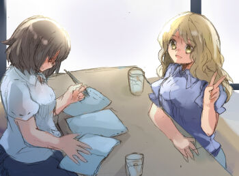 2girls black_skirt blonde_hair brown_hair feet_out_of_frame glass kneeling long_hair maribel_hearn multiple_girls no_headwear notebook paper pen puffy_short_sleeves puffy_sleeves shirt short_hair short_sleeves shukinuko skirt summer table touhou upper_body usami_renko v wavy_hair white_shirt writing