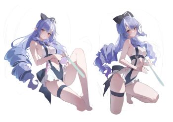 1girl absurdres blue_hair curly_hair highres lumo_1121 multiple_views navel pointy_ears red_eyes sketch sleeveless swimsuit thigh_strap vivian_banshee vivian_banshee_(iris_of_the_shore) zenless_zone_zero
