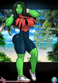 1girl alternate_costume artist_logo artist_name ass beach bimbofication black_hair breasts colored_skin commentary cosplay covered_erect_nipples day english_commentary english_text green_eyes green_skin large_breasts logo long_hair looking_to_the_side marvel palm_tree rabies-t-lagomorph she-hulk shoes solo spider-man spider-man_(cosplay) subscribestar_logo subscribestar_username tree watermark web_address white_shoes