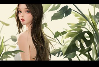 1girl absurdres blue_eyes brown_hair commentary_request eyelashes forehead from_behind highres korean_commentary letterboxed lizchief long_hair looking_at_viewer looking_back nude original parted_lips plant plant_request realistic red_lips solo upper_body white_background