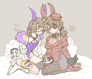 Rule 34 | 4boys, absurdres, adapted costume, alternate costume, animal ears, bare shoulders, beard stubble, bed, black-framed eyewear, black-framed glasses, black bow, black bridal gauntlets, black detached collar, black hair, black pantyhose, black ribbon, book, boot straps, boots, bow, bridal gauntlets, brown hair, chain, chain necklace, chibi, chibi inset, cleavage cutout, closed mouth, clothing cutout, coat, collared jacket, contrast collar, covered navel, crossdressing, crossdressing (mtf), detached collar, dual persona, expressionless, eyepatch, facial hair, facial tattoo, fake animal ears, fedora, flying sweatdrops, formal clothes, frilled pillow, frills, full-body tattoo, full body, fur-trimmed jacket, fur trim, glasses, gloves, gold chain, gold trim, gold weapon, green eyes, gregor (project moon), grey background, hair bow, hair slicked back, hat, high heel boots, high heels, highres, hook, hook hand, jacket, jewelry, jitome, juliet sleeves, knee boots, kurokumo clan (identity) (project moon), lapels, leotard, light blush, lily26983455, limbus company, long hair, long sleeves, looking at book, looking at viewer, looking to the side, low ponytail, male focus, male playboy bunny, meursault (project moon), middle (identity) (project moon), multiple boys, multiple persona, necklace, notched lapels, off-shoulder jacket, off shoulder, official alternate costume, on bed, one-eyed, one eye closed, open book, pantyhose, parted bangs, pectoral cleavage, pectorals, pillow, pirate costume, pirate hat, playboy bunny, ponytail, project moon, puffy long sleeves, puffy sleeves, purple bow, purple fur, purple leotard, purple ribbon, purple strap, rabbit ears, rabbit symbol, rabbit tail, red coat, red hat, red shoes, red vest, ribbed leotard, ribbon, sanpaku, seiza, semi-rimless eyewear, shoes, short hair, short shorts, shorts, simple background, sitting, sketch, sleeve tied shut, strap, strapless, strapless leotard, stubble, sunglasses, sweat, sweatdrop, tattoo, thigh strap, thighs, thumb (identity) (project moon), twinhook pirates (identity) (project moon), under-rim eyewear, vest, wariza, weapon, white boots, white gloves, white jacket, white shorts, wrist cuffs, yellow eyes