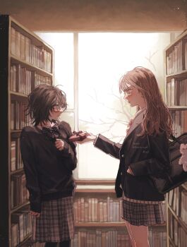 2girls absurdres artist_name bag black_bow black_bowtie black_hair black_jacket black_se_sa_mi black_sweater blush bookshelf bow bowtie brown_hair closed_mouth collared_shirt commentary english_commentary glasses grey_skirt hand_in_pocket highres indoors jacket library long_hair long_sleeves medium_hair multiple_girls original plaid_clothes plaid_skirt pleated_skirt school_bag shirt skirt sleeves_past_wrists sweater valentine white_shirt window yuri