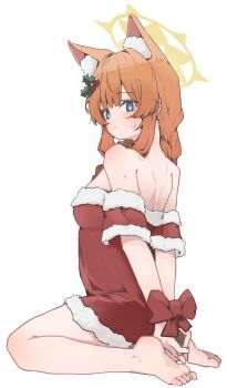 1girl absurdres alternate_costume animal_ear_fluff animal_ears bare_shoulders barefoot blue_archive blue_eyes blush bound braid breasts closed_mouth commentary_request dress feet full_body fur-trimmed_dress fur_trim hair_ornament halo highres holly_hair_ornament korean_commentary long_hair looking_at_viewer mangotonic mari_(blue_archive) orange_hair red_dress santa_costume santa_dress simple_background sitting solo toes white_background yellow_halo