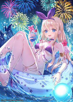 1girl 90kyuuri aerial_fireworks bikini blonde_hair blue_eyes breasts cleavage copyright_notice cup earrings fireworks highres holding holding_cup innertube jewelry long_hair looking_at_viewer medium_breasts official_art purple_bikini remember_(wixoss) sidelocks smile solo swim_ring swimsuit twintails very_long_hair water wixoss